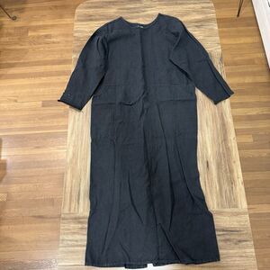 FLAX Women's Black 3/4 Sleeve 100% Linen Lagenlook Dress w/ Pockets Size Small